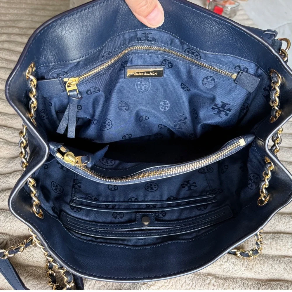 Tory Burch Marion Navy Blue Suede Whipstitch Chain Crossbody Bag